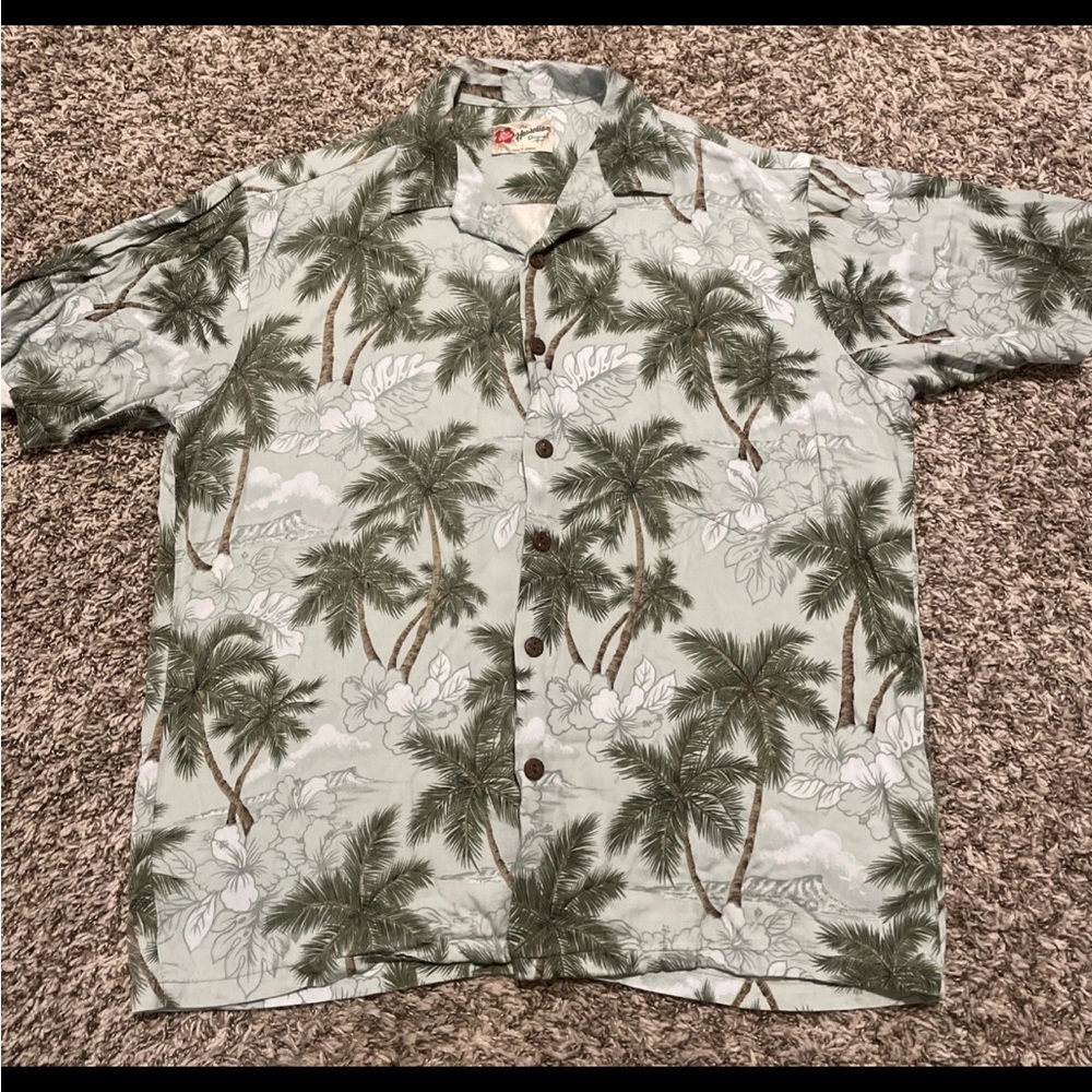 Vtg Hilo Hatties Men's Hawaiian Button Front Shirt L Palm Tree Floral Made USA